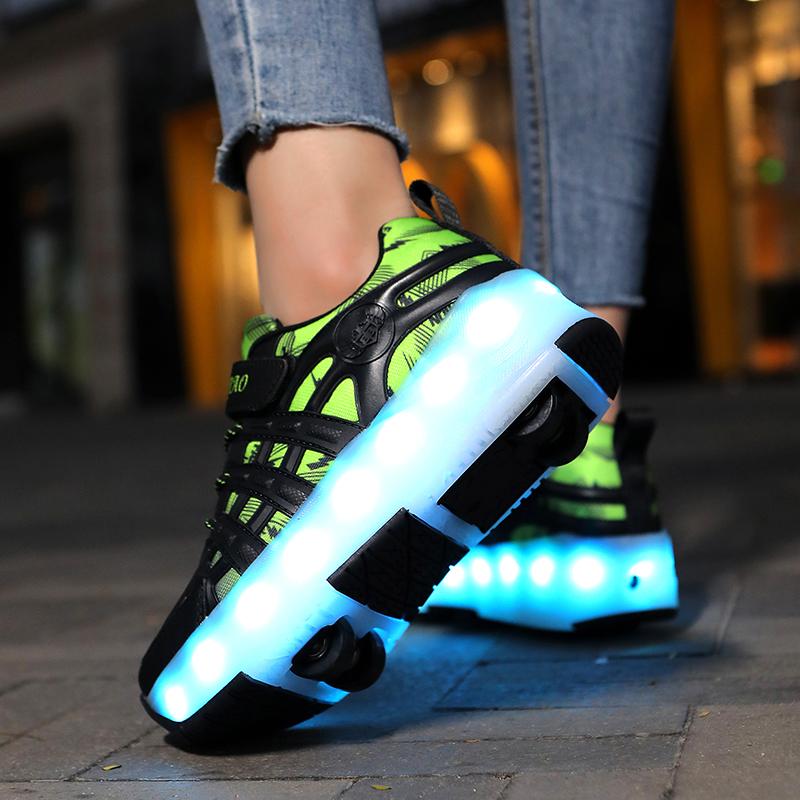 Four-wheel Roller Skates Children's Retractable Automatic Wheel Sports Shoes USB Charging LED Light Sports Shoes