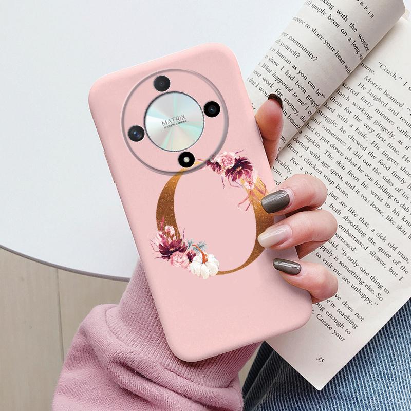Buchstaben-Handyhülle für Honor X9b X9a Magic5 Lite Magic6 Lite 5G Hülle Retro-Blumen Rosa Schwarz Weiches TPU Initialen Silikon Fundas
