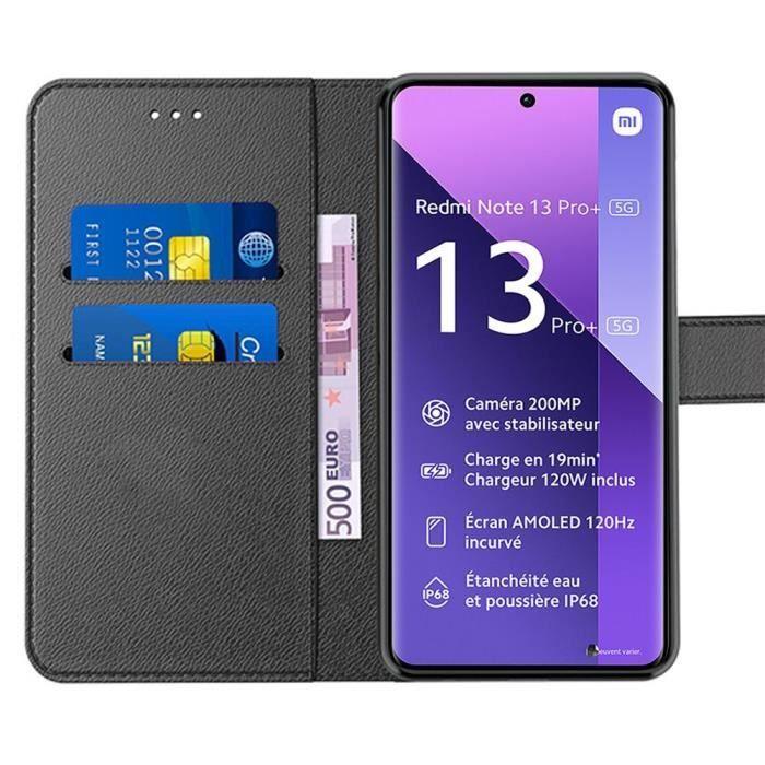 Coque + 2 Verres Trempés - pour Xiaomi Redmi Note 13 Pro+ 5G - Effet Cuir - Fentes pour Cartes - Noir