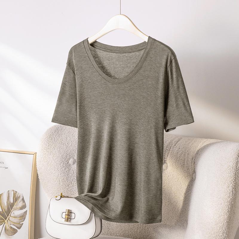2026 Hangzhou Women's Mulberry Silk Lyocell U-Neck Tee - Lightweight, Breathable, Short-Sleeved Summer Fashion