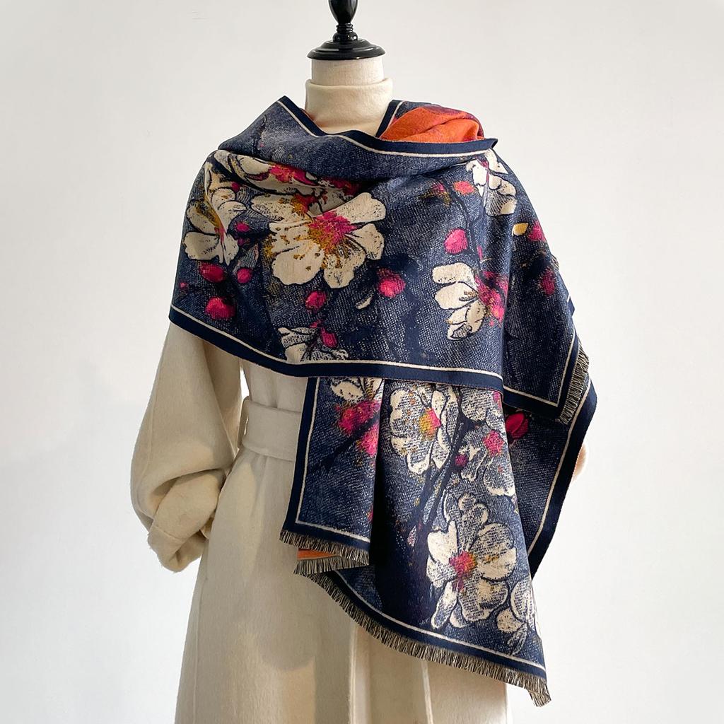 Women Winter Scarves Oil Painting Pashmina Imitation Cashmere Soft Warm Shawl Coldproof Windproof Thick Travel Blanket Scarf