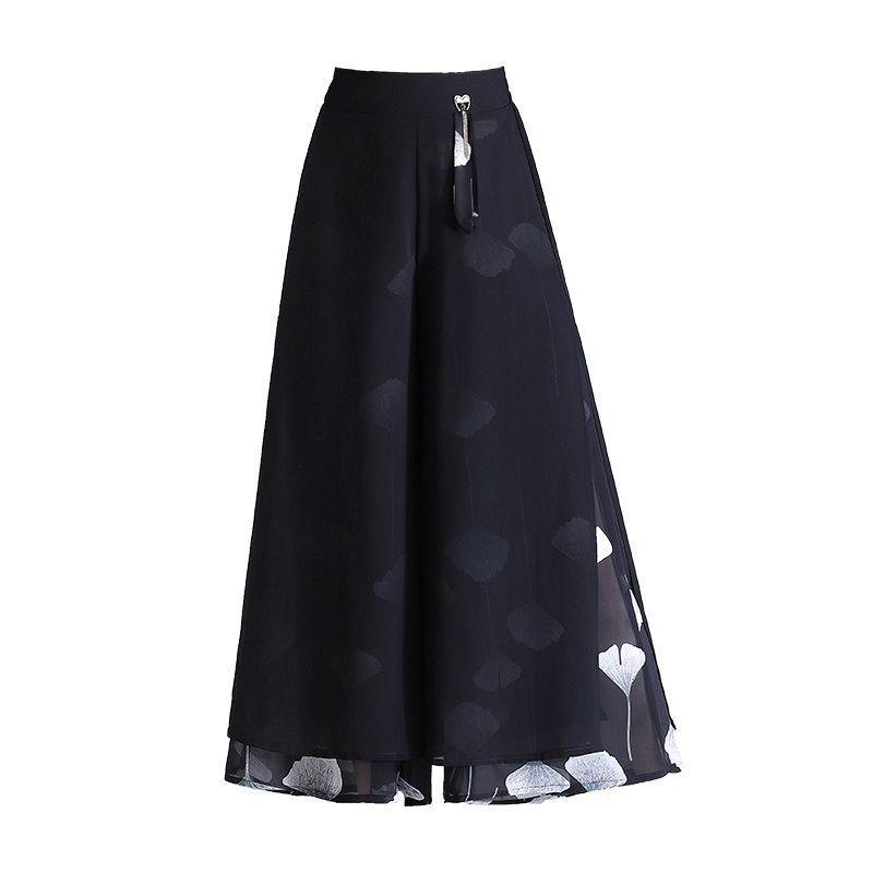 Women's Summer Chiffon Wide-Leg Culottes: High-Waisted, Split, Loose, Slimming, Nine-Tenths Length.