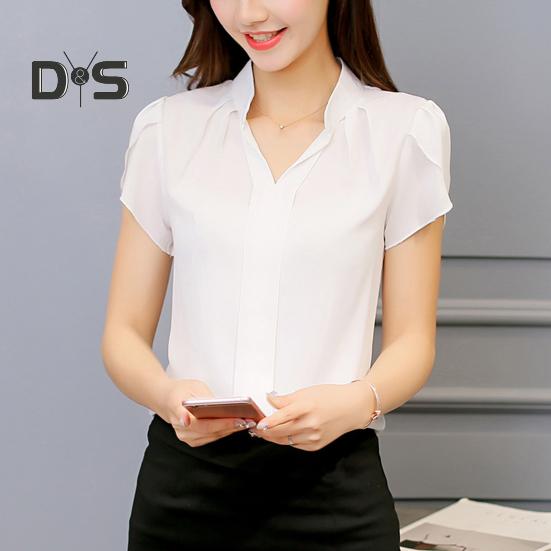 Summer Chiffon Shirt Stand Collar V-neck Petal Short Sleeve Pullover Tops Solid Color Thin Women Blouse Workwear