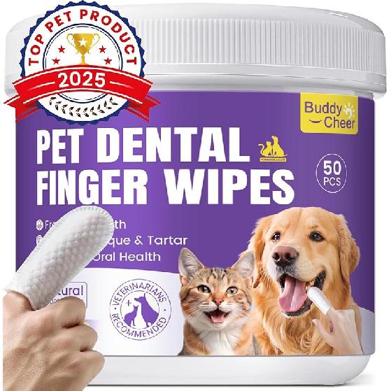 No-Rinse Dog Dental Care Wipes, Cat & Dog tooth brushing kit, Dog Wipes for Pet & Cat Teeth Cleaning, Dog toothbrush Finger Dental Wipes to Remove 50 Ct