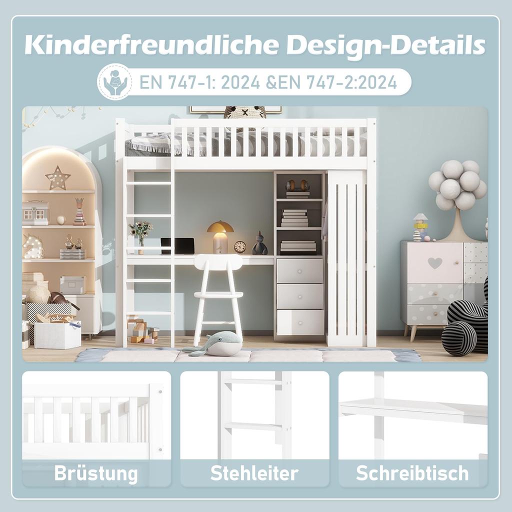 Bunk Bed 90x200 Desk Wardrobe 3 Drawers Storage Space Slatted Frame Pine Wood Youth Bed Children/Adults White