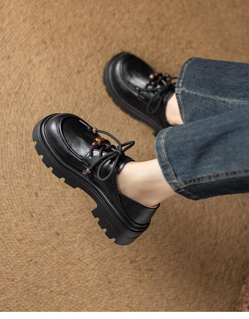 

Fashion Mary Jane shoes platform heightening small leather shoes autumn and winter lace-up bag head single shoes comfortable and not tired feet loafer 40 чёрный