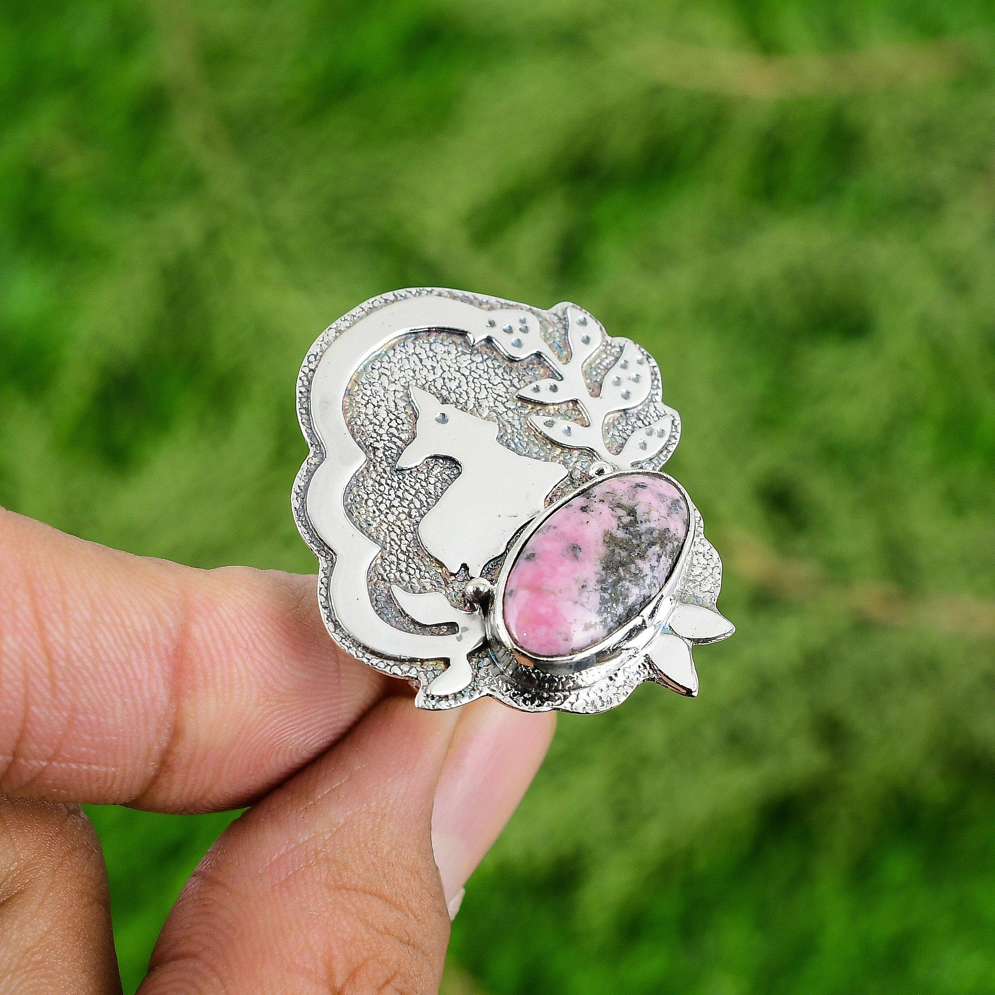 

Mothers day Sale Oval Rhodonite Stone Sterling Silver Promise Wife Birthday Ring Adjustable