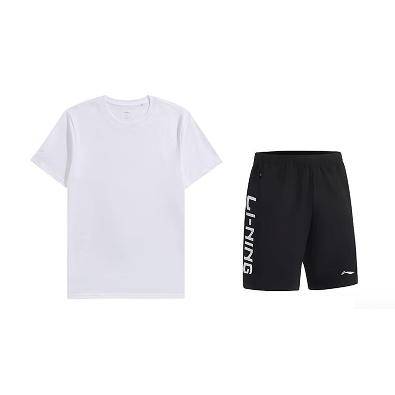 Li-Ning Solid Color Round Neck Short Sleeve T-Shirt Casual Comfortable Letter Shorts Sports Suit Unisex Sportswear AHSUA49-1+YKSV115-1