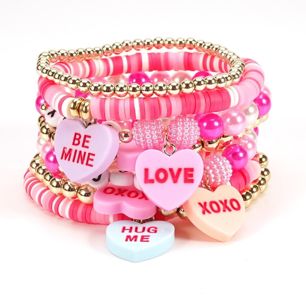 Valentine's Day Bracelet Love Heart XOXO Rose Pendant Charm Beaded Multi-Layer Bracelet Handmade Romantic Gift for Women