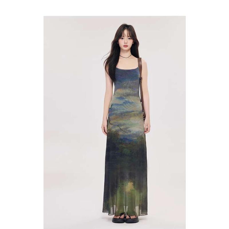 Tie-dye Suspender Dress Women Summer New Design Temperament Mesh Slim Long Skirt