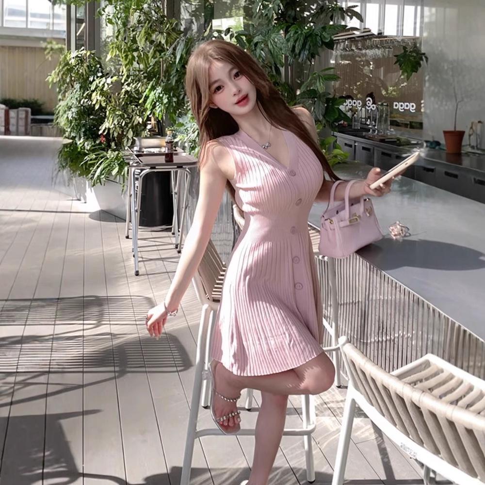 Elegant Ice Silk Sleeveless Tank Dress with Waist-Hugging Fit for Women