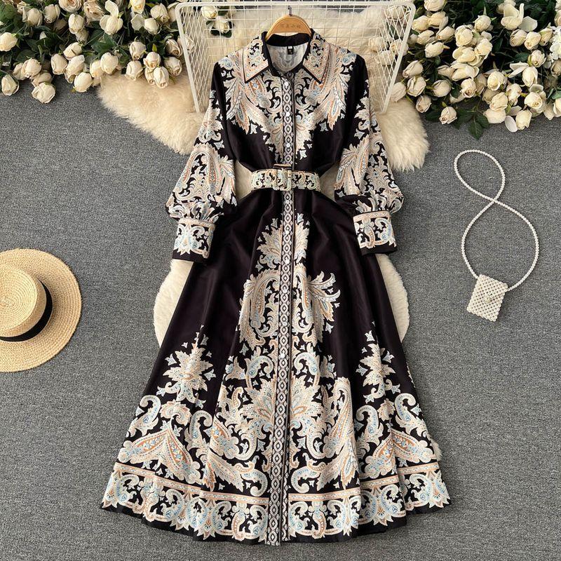 

New Arrival Vintage Court Style Long Sleeves Lapel Dress Black L