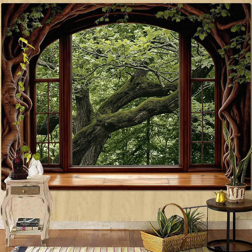 Forest Window Tapestry, Nature Outdoor Tree Wall Backdrop, Woodland Scene Large Mural For Bedroom Living Room Office Decor