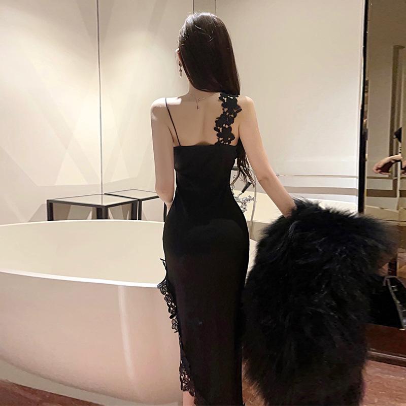 Women's pure desire wind hook flower irregular split slim dress