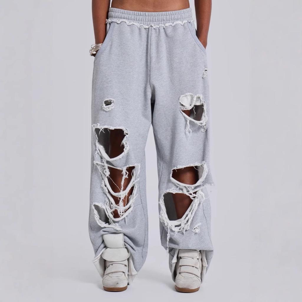 VIONA Graue Ripped Damen Hose Y2k Jogging Weites Bein Amerikanischer Retro Hip Hop Jogginghose Übergröße Baggy Lässig Streetwear Sommer