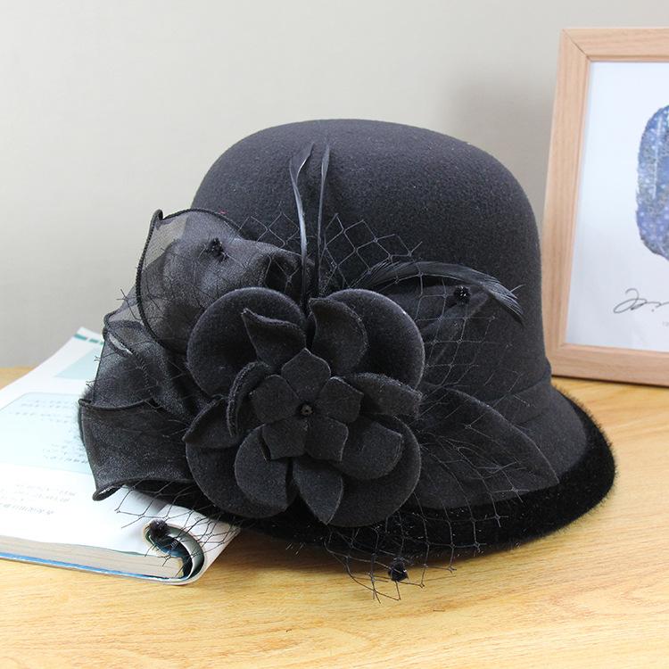 Europäisches und Amerikanisches Temperament Elegantes Netzblumen Modehut Damen Herbst und Winter Kuppel Großrand Zylinder Mode Outdoor Vielseitiger Basin Hut