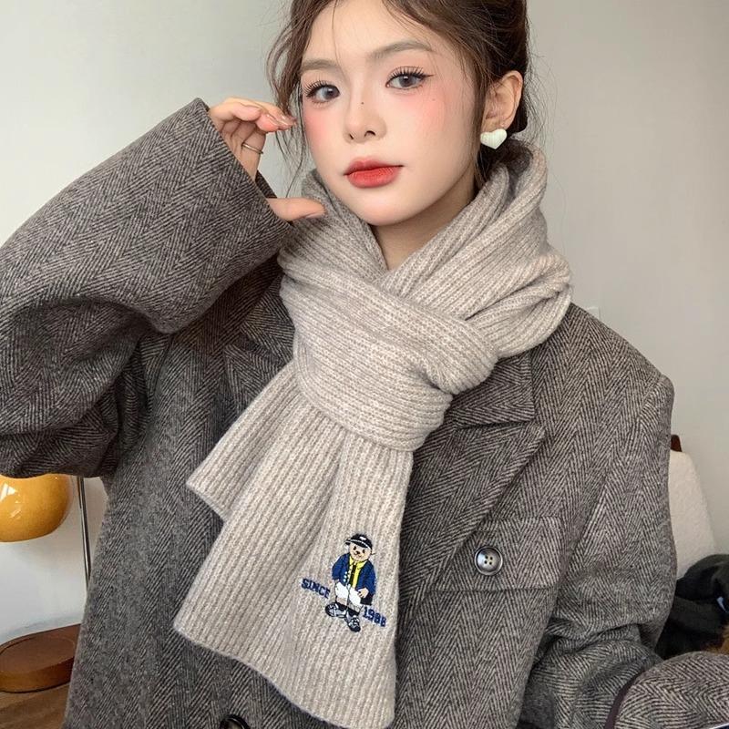 Cute Bear Embroidered Scarf New Winter Women's Wool Warm Knitted Versatile Scarf Korean Atmosphere