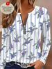 Spring and Autumn Ladies Half Zipper Long Sleeve T-Shirt Blue Purple Berry Stripe Printing, Daily Casual