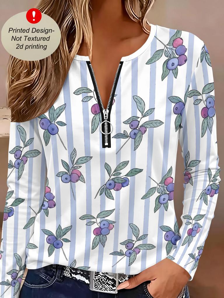 Spring and Autumn Ladies Half Zipper Long Sleeve T-Shirt Blue Purple Berry Stripe Printing, Daily Casual