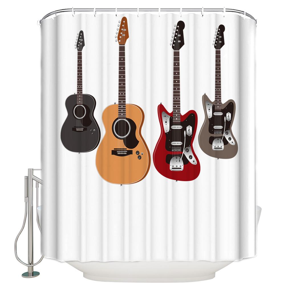 Music Decor Electric Guitars On Lighted Wooden Floor Shower Curtains Polyester Fabric Waterproof Bath Curtain Shower Curtain