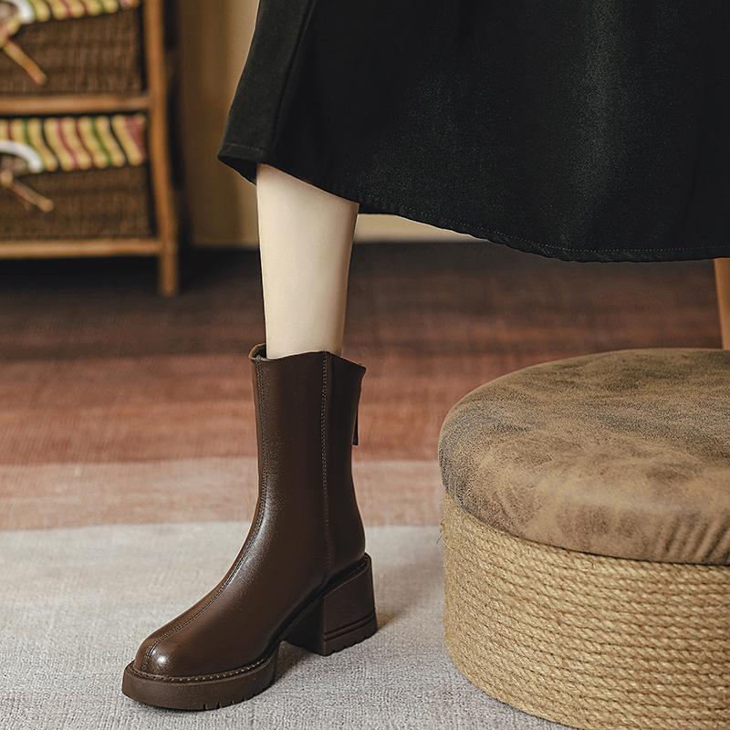 Coarse heel short boots women's spring and autumn single boots brown platform Martin boots women's British style 2025 new women's boots medium boots