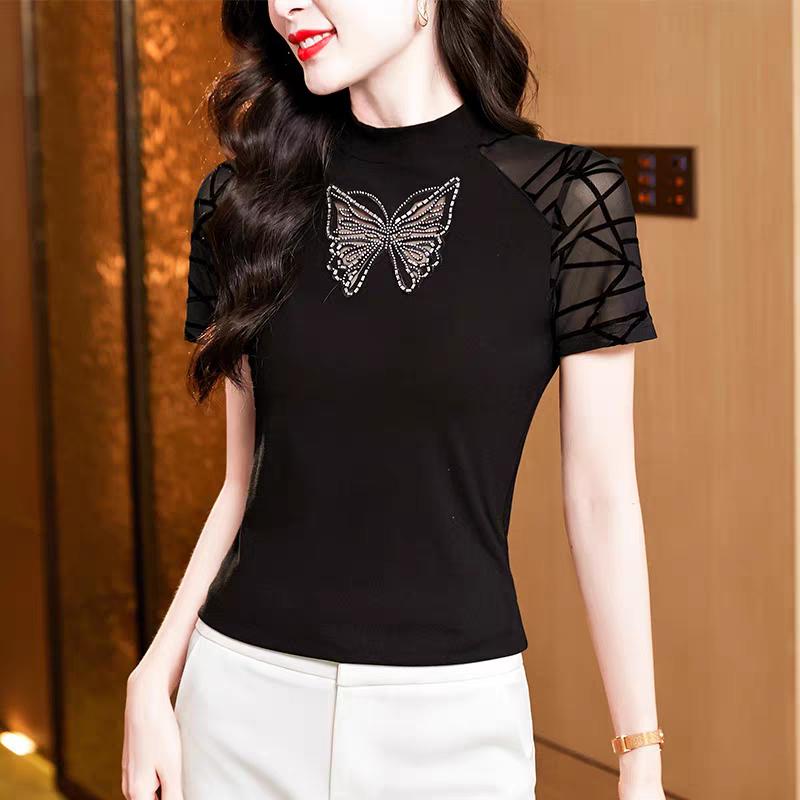 Summer Short Sleeve Women Black Tees Butterfly Hot Diamonds Designer T-Shirt Sexy Ladies Casual Mesh Tops Blusas