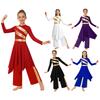 Girls Worship Dance Outfit Mock Neck Long Sleeve Asymmetrical Hem Contrast Color Metallic Patchwork Dress Wide Leg Pants Costume Set