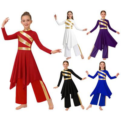 Girls Worship Dance Outfit Mock Neck Long Sleeve Asymmetrical Hem Contrast Color Metallic Patchwork Dress Wide Leg Pants Costume Set