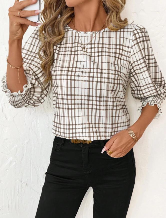 

Brown and White Checked Mid-Sleeve Shirt with Ruffle Cuff Detail S