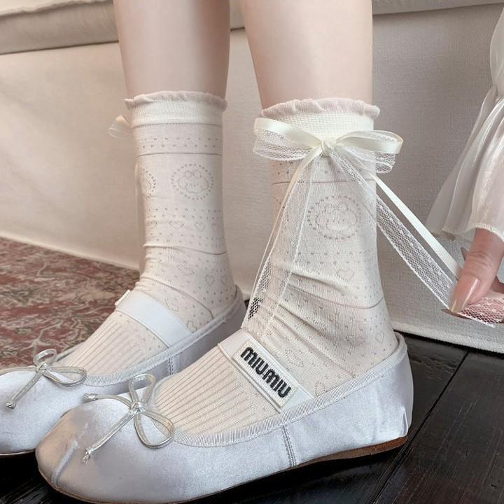 Miu-Style Bow Streamer Mid-Calf Ballet Socks - Spring & Summer JK School Style Women's Versatile Slouch Socks