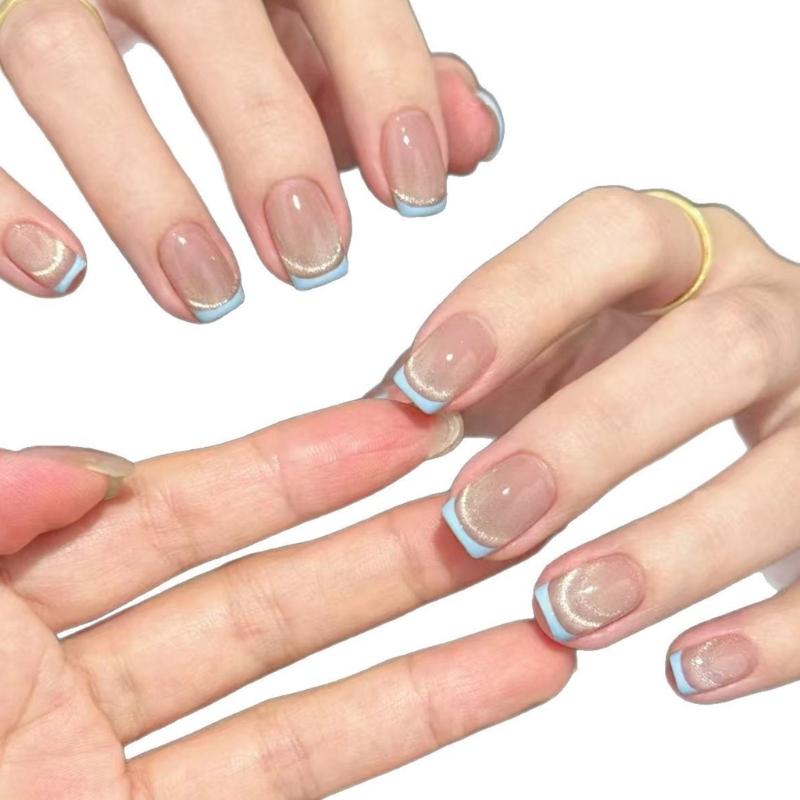Square Press On Nail Cats Eye Fake Nail with Smile Designs Full Cover Glues On Nail Glossy Acrylic Nail Artificial Nail