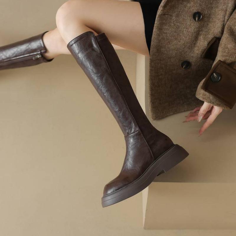 Herbst- und Winterstiefel mit dicker Sohle, seitlichem Reißverschluss, rutschfest, Martin-Stiefel für Damen, koreanische Version, runde Spitze, Blockabsatz, einfarbig, neue Gummisohlen-Overknee-Stiefel