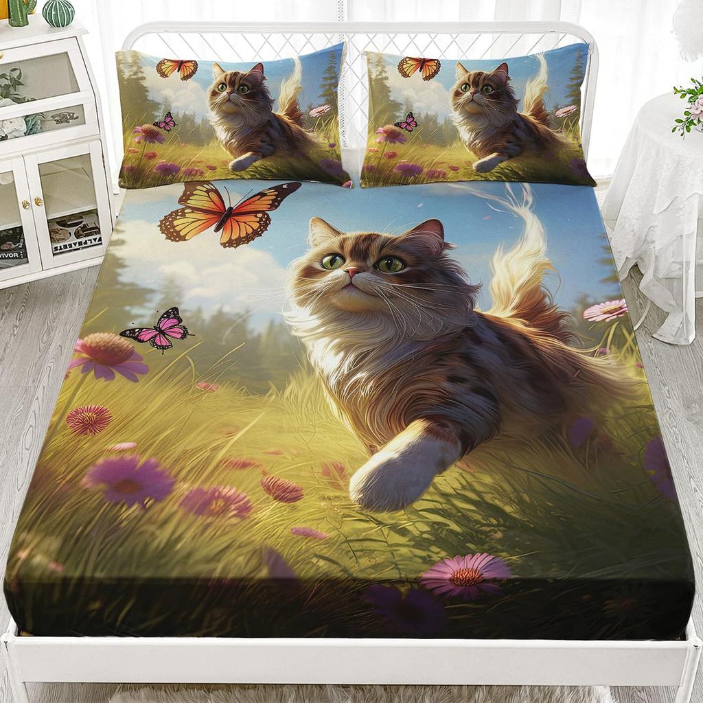 Cartoon Cat Pattern Bed Hat Three-Piece Digital Printing Bedding Bed Hat Three-Piece Set Children And Adults