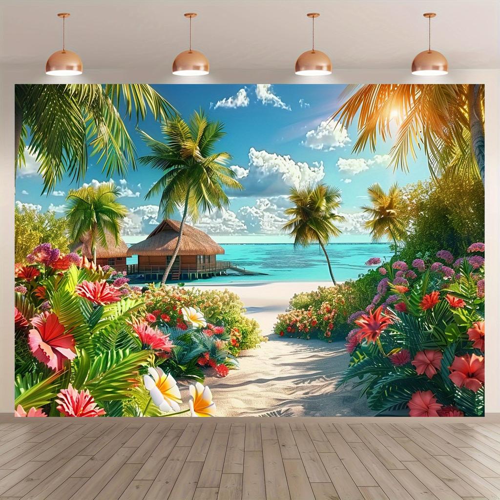 2D Plane 1 Tropical Beach Mural Featuring Vibrant Palm Trees Turquoise Water and Floral Designs