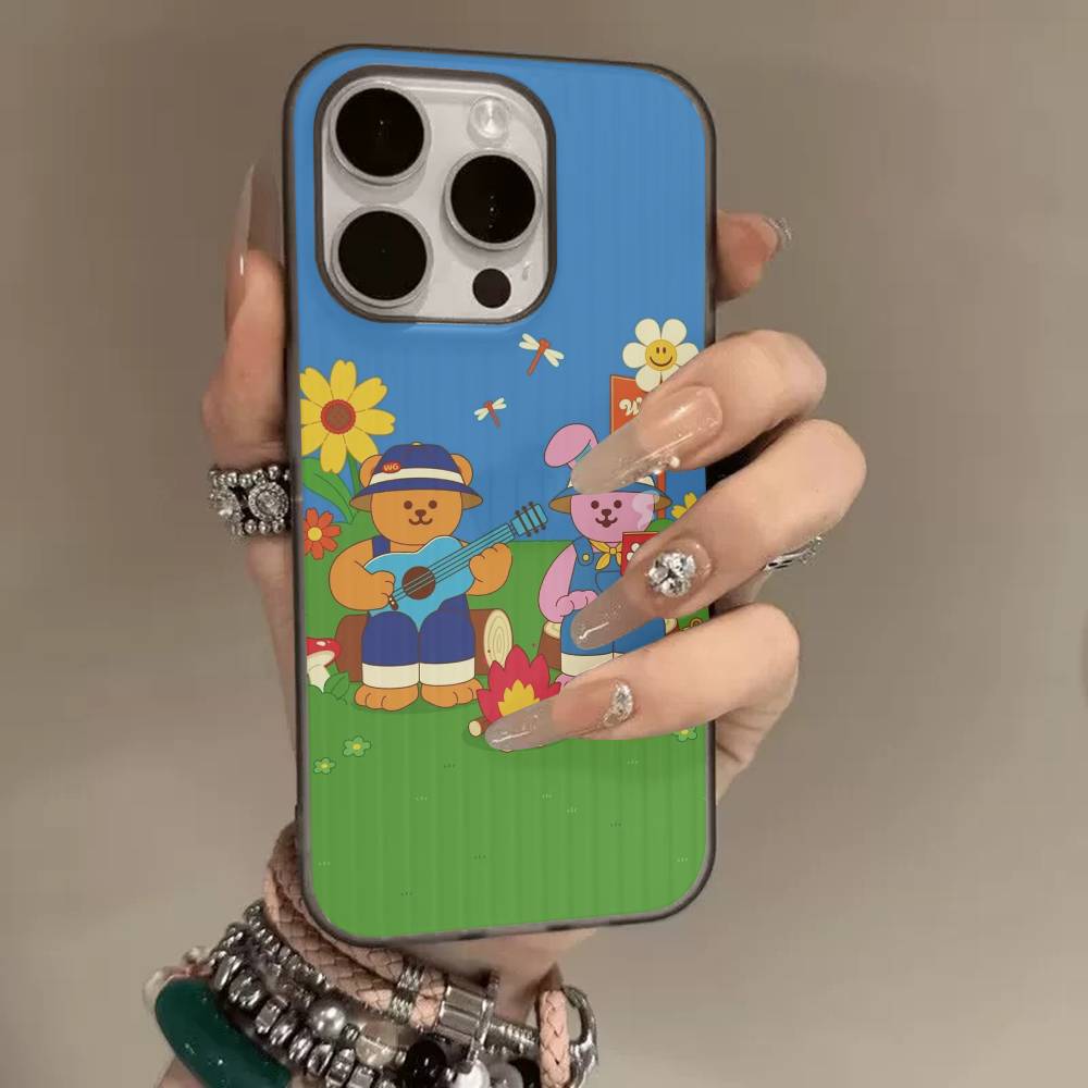 Cartoon Cute bear Phone Case For iPhone 16 15 17 Pro Air 11 12 13 14 Pro Max Plus Soft Ripple Silicone Cover Shell