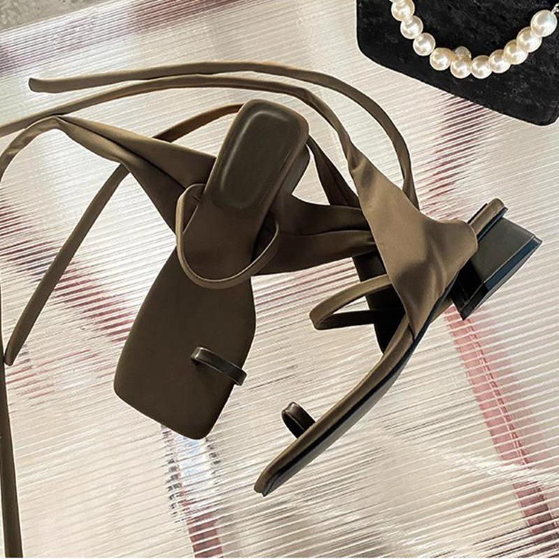 

Fashion Summer New Square Heel Sandals Women with Skirt Upper Toe Versatile Lace-up Square Toe Mid-block Heel Roma Shoes 40 коричневый