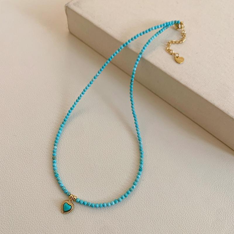 Blue Turquoise Love Pendant, Titanium Steel Necklace, Niche Design, Fashionable, Simple and Versatile, High-end Exquisite Necklace Women