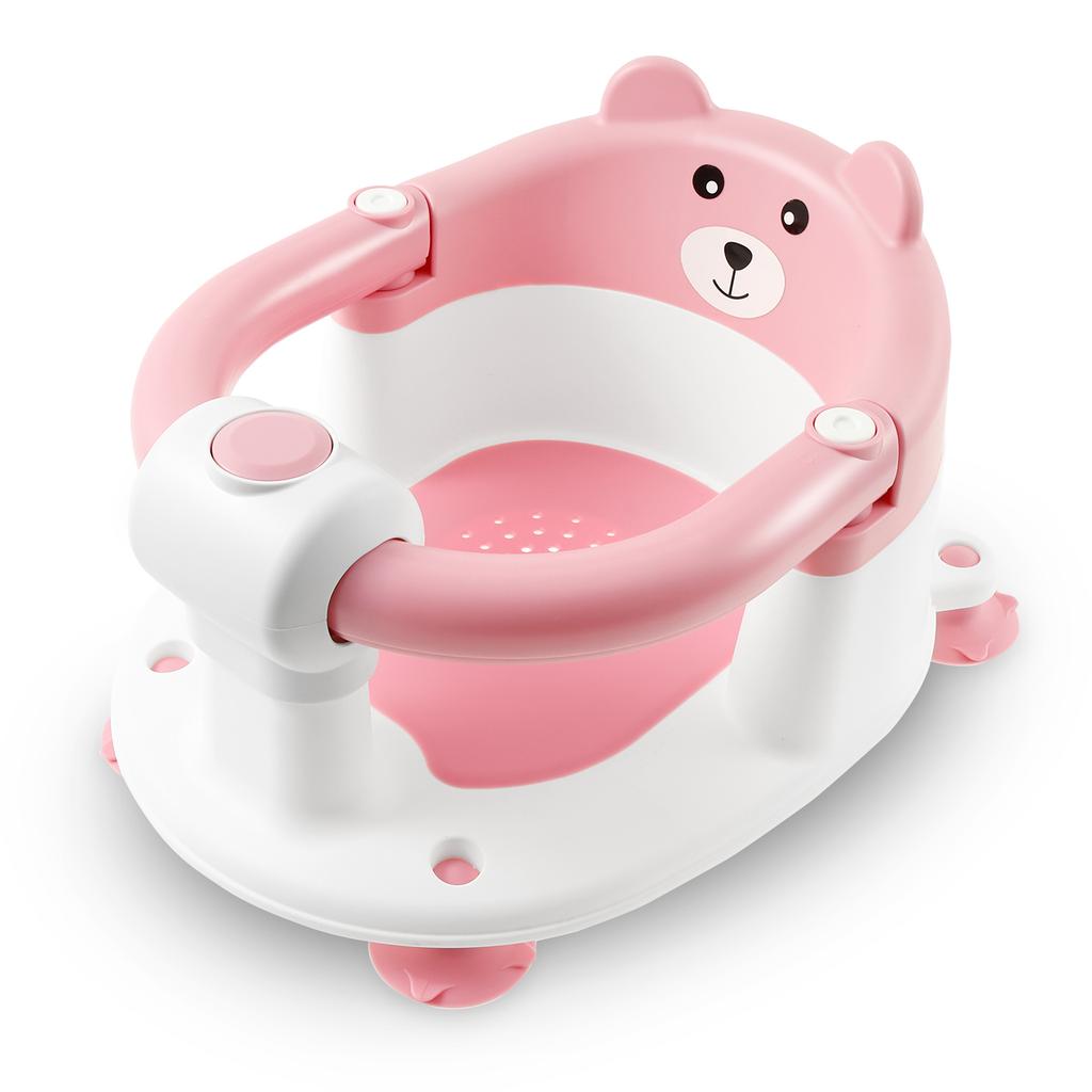 Baby Bath Seat Newborn Shower Bathtub Stand with Foldable Armrest Non-Slip Cute Cartoon Toddler Bath Chair Support