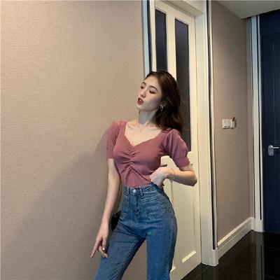 Summer New Korean Version Retro Bubble Sleeve Short Bottom Slim V-neck Short-sleeved Knitted Sweater T-shirt Women