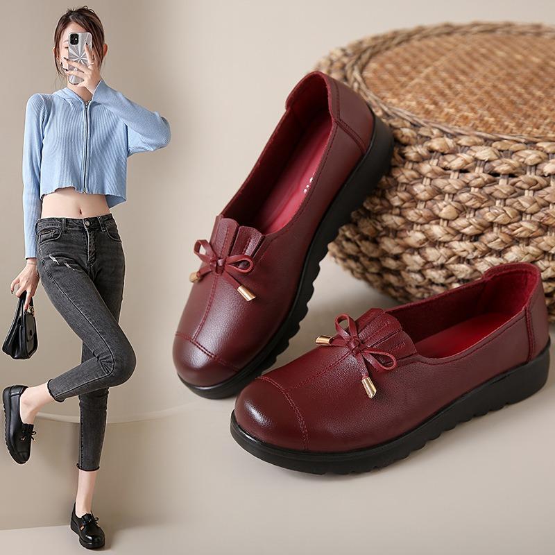 Women's Leather Slip-On Loafers Comfortable Thick Sole Casual Shoes with Bow Detail