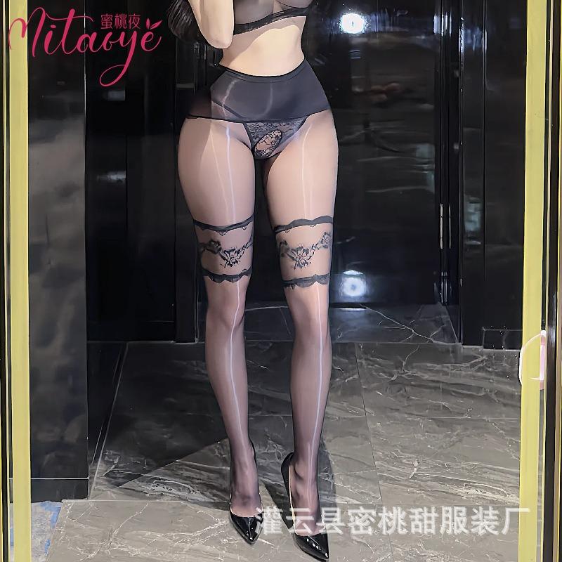 Sex stockings D thin oil-shiny pantyhose sexy fake two-piece lace splicing over knee stockings women