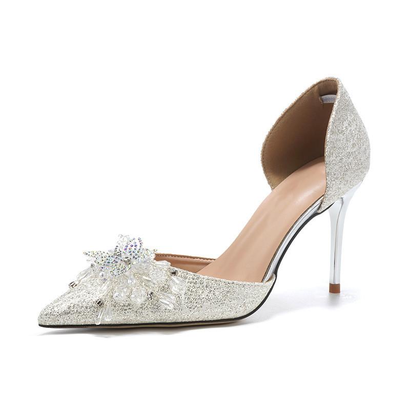 Fashion 2025 Summer Elegant Pointed toe Sequined Women Pumps Fashion Pearls Rhinestones Wedding Bridal Thin High heels Party Prom Shoes