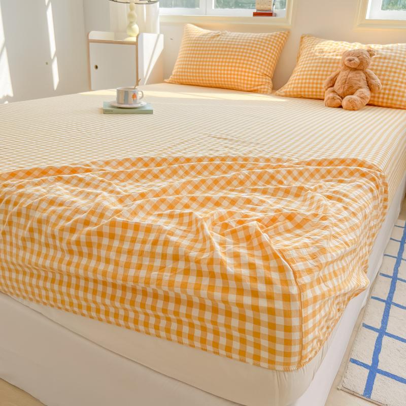 2024 New A-class Solid Color Good Quality Grid Washed Cotton Bed Sheet, Single Piece Fully Enclosed Non Slip Bed Sheet, Bed