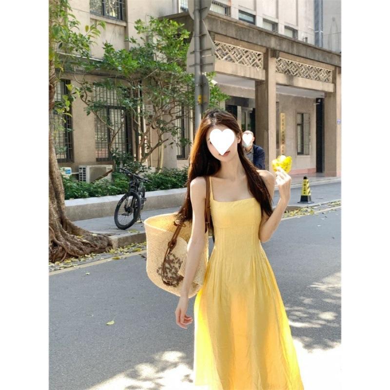Small suspender dress women s summer new waist temperament long dress seaside vacation dress S