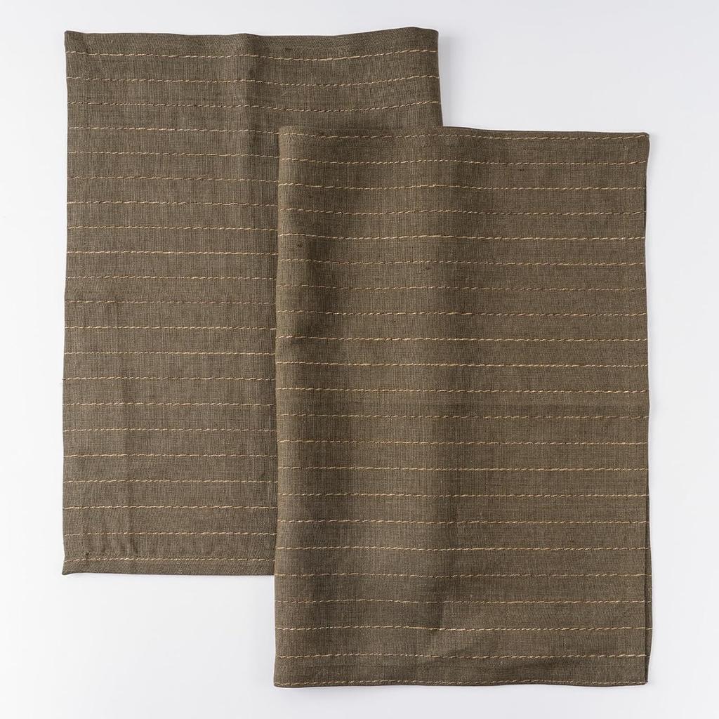 100% Pure Linen Kitchen Towels Set of 2 - French Stripe Design 18 x 24 Inch Dish Hand Towels - Handcrafted from Flax Linen Tea Towels- Linen