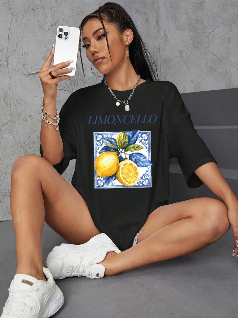 Lemon Cello Creative Fruits Printing TShirt Womens Cotton Summer Short Sleeve Comfortable Soft ONeck Tops Basic Woman Clothes