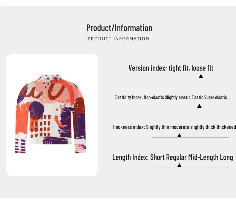 Miyake Pleats Women's High Neck Long Sleeve T-shirt - 2026 Spring/Summer Corn Kernel Abstract Print, Slim Fit.