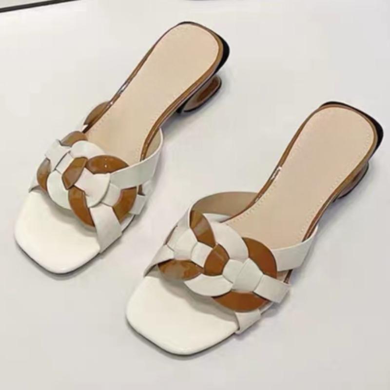 Fashion Summer New Square Head Light Mouth Color Knitting Anti-slip Wear-resistant Slippers Temperament Heel Sandals