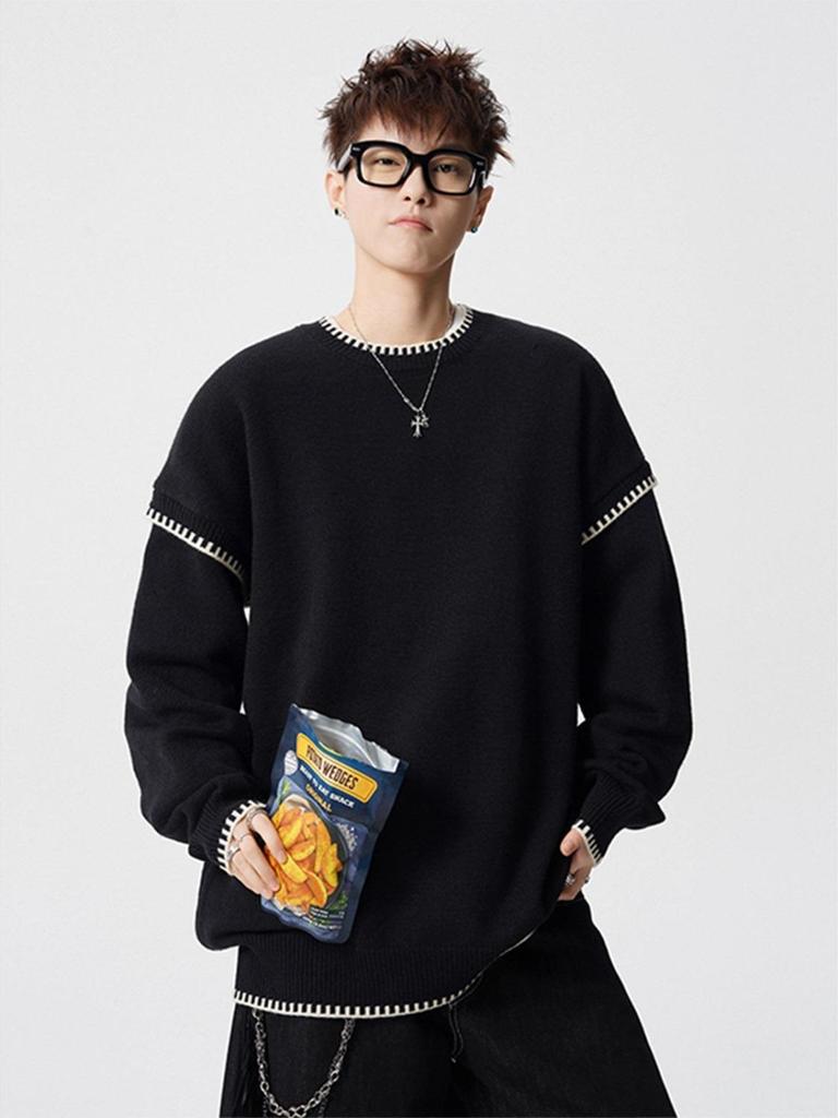 Men's Trendy Hand-Stitched High-End Knit Sweater with Contrasting Colors - Versatile and Stylish Base Layer