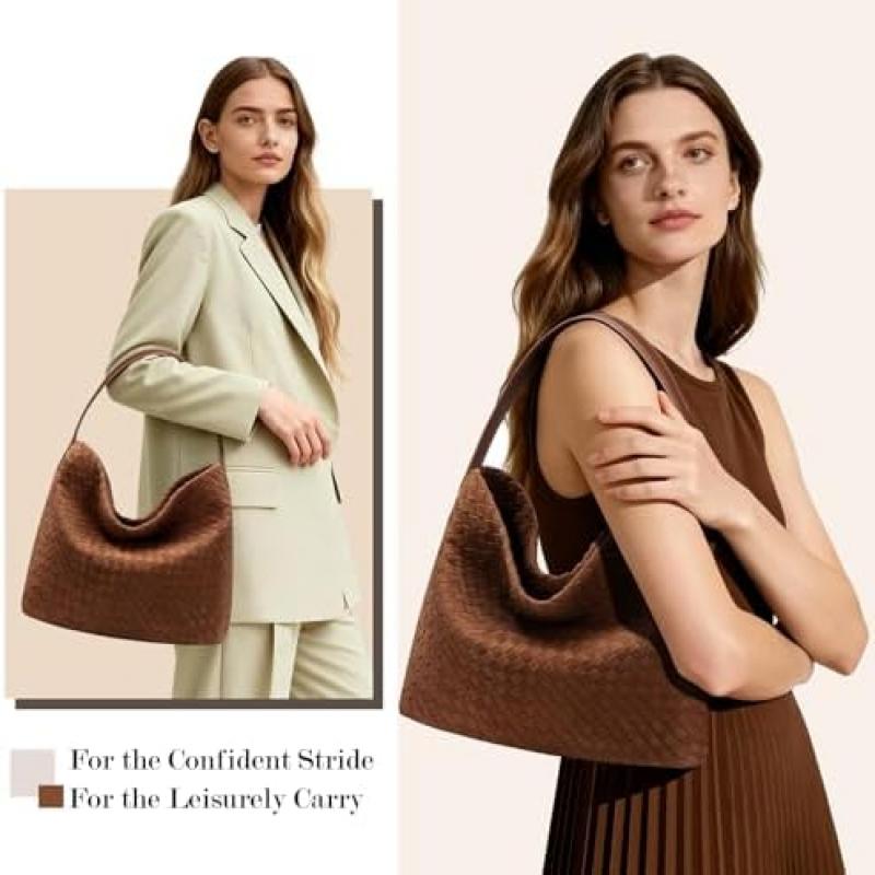 Auluda Braided Suede Shoulder Bag for Women, Elegant Large Tote Hobo Bag, Crossbody Work Travel Purse
